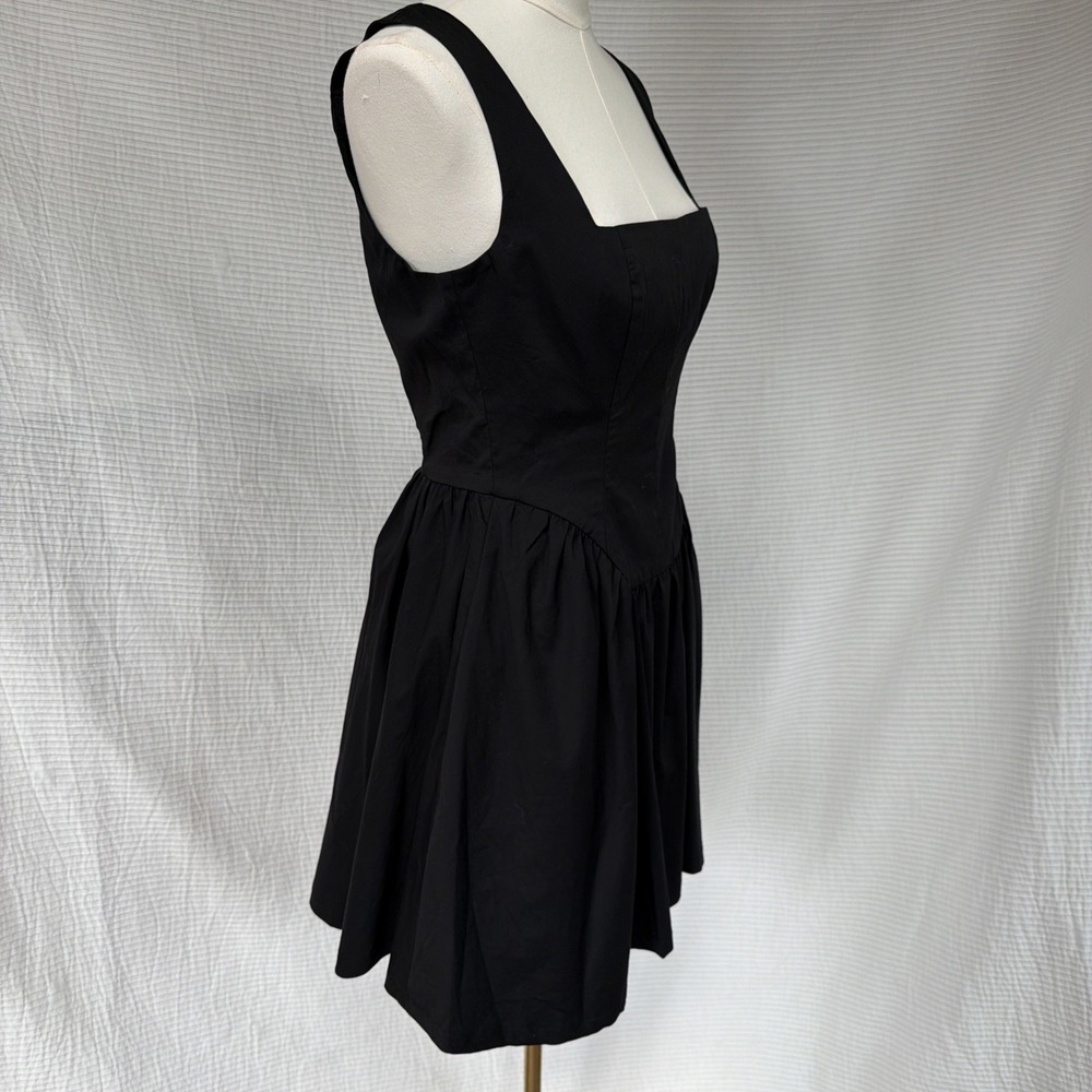 Avec Les Filles Black Basque Waist Mini Dress Square Neck Pockets Size 4 - Picture 2 of 12